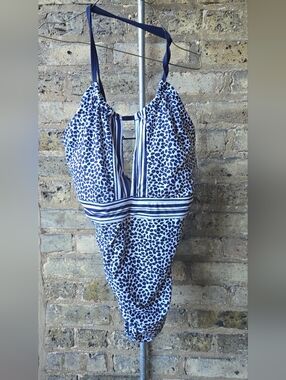 La Blanca Navy and White Printed Halter One-Piece Swimsuit